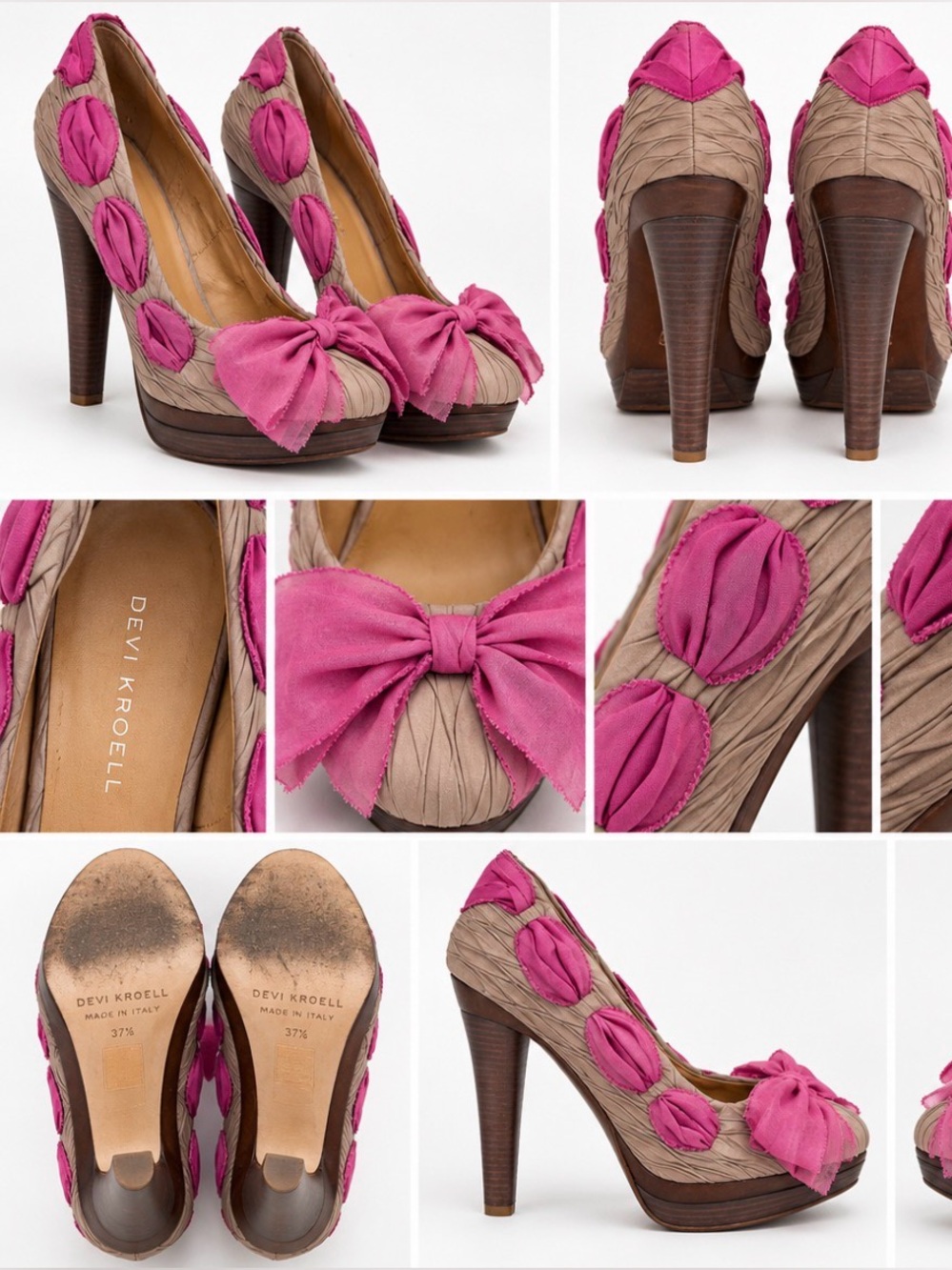 Devi Kroell Ruched Suede Platform Heels Pink Bow Pumps Italy EU 37.5